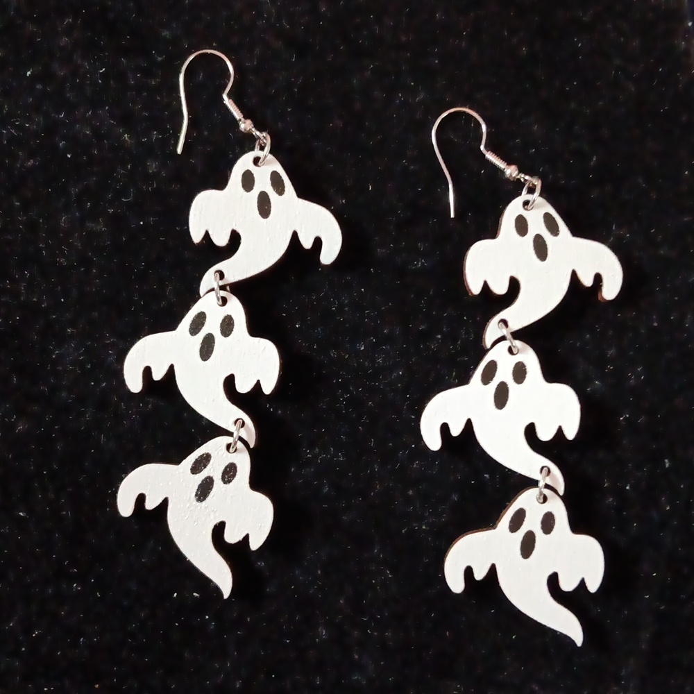 👻HP! "3 Spooky Ghosts" Wooden Dangle Drop Earrings New!